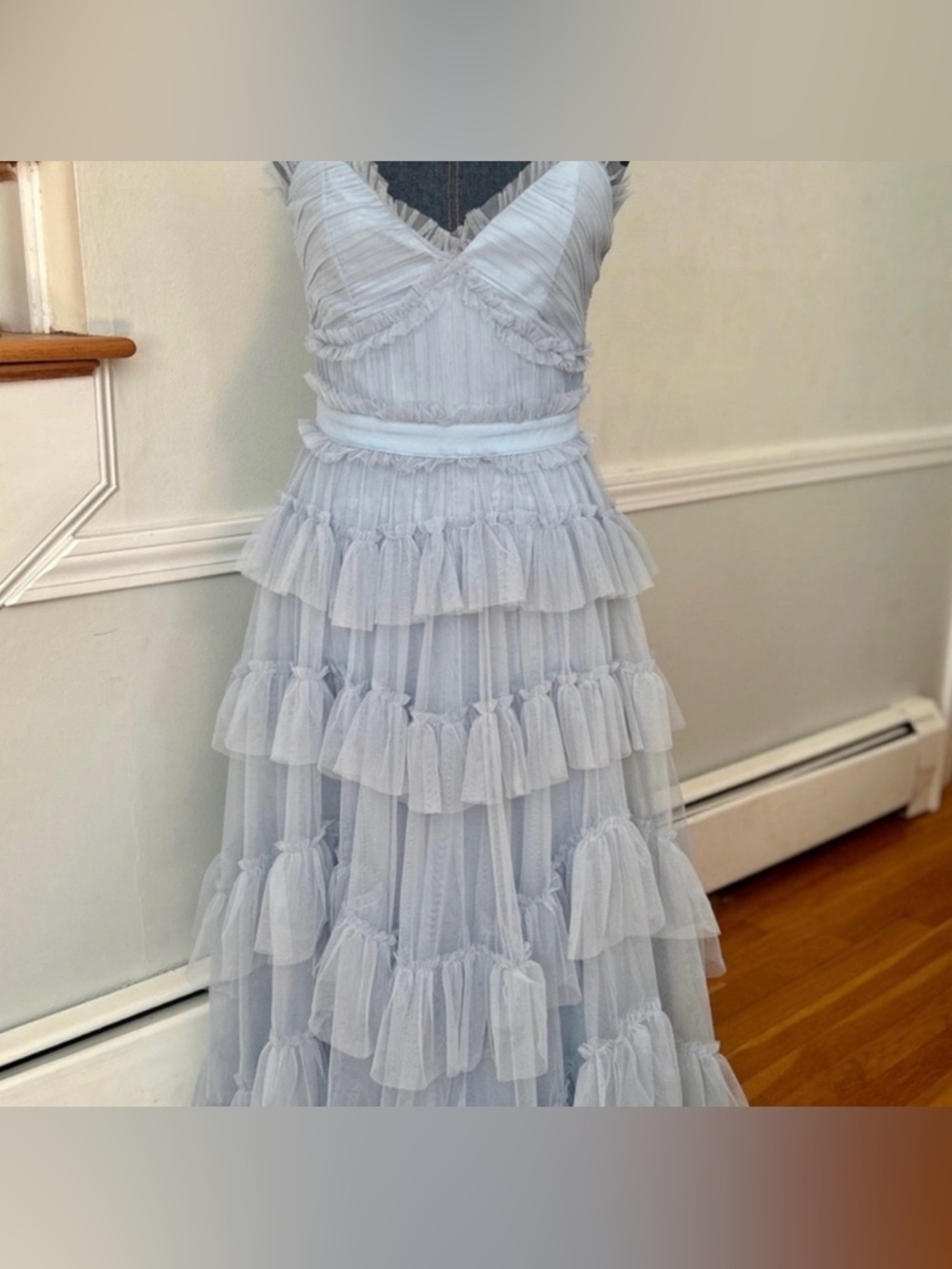 NWT Ruffle Pearl Blue Mesh Maxi Slip Dress (Prom/Bridesmaid)